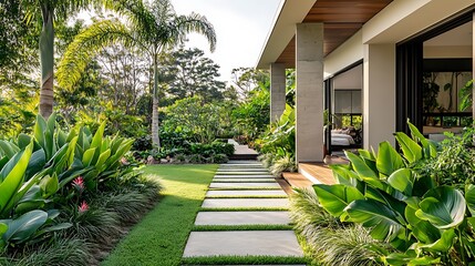 A garden pathway leading to a terrace area, lined with tropical plants such as bird of paradise and monstera, creating a lush and inviting transition from the garden to the home