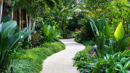 A garden pathway leading to a terrace area, lined with tropical plants such as bird of paradise and monstera, creating a lush and inviting transition from the garden to the home