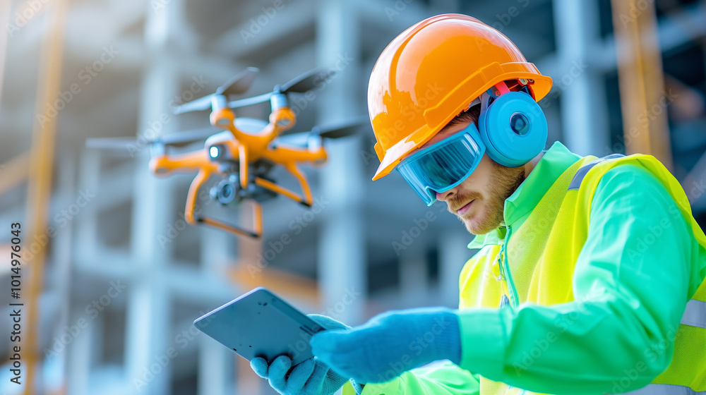 Poster construction worker operating drone for site monitoring in an urban development project