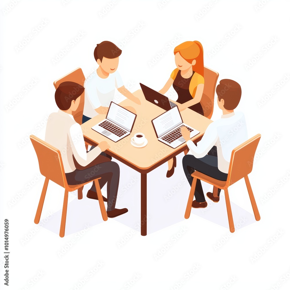 Poster four individuals are engaged in a collaborative meeting at a round table, each using laptops and sha