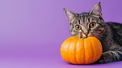 Tabby cat resting its chin on a pumpkin against a purple background.