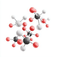Obraz premium A 3D illustration of molecular structures with red, black, and white spheres representing atoms interconnected by bonds.