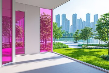 Naklejka premium Sleek garden room with bright magenta windows, overlooking a minimalist urban park High-resolution, contemporary architecture