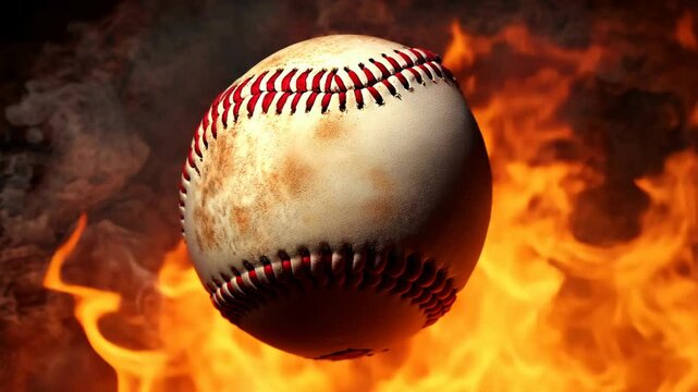 A baseball is engulfed in flames, creating a fiery and dramatic scene