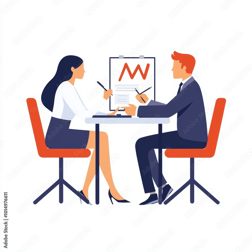 Poster two professionals discuss strategy at a table, analyzing charts and data represented on a document, 
