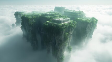 Futuristic digital concept art of floating islands, captured from a high angle to showcase the surreal landscape and space 