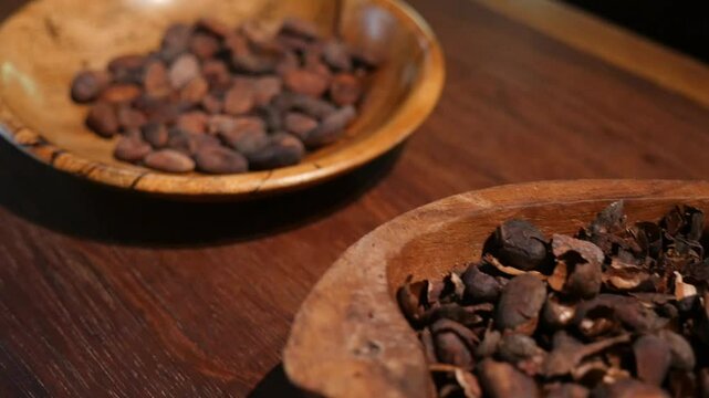 View of cocoa seeds in brown wooden bowls lying on a table in the cacao Museum in Guadeloupe