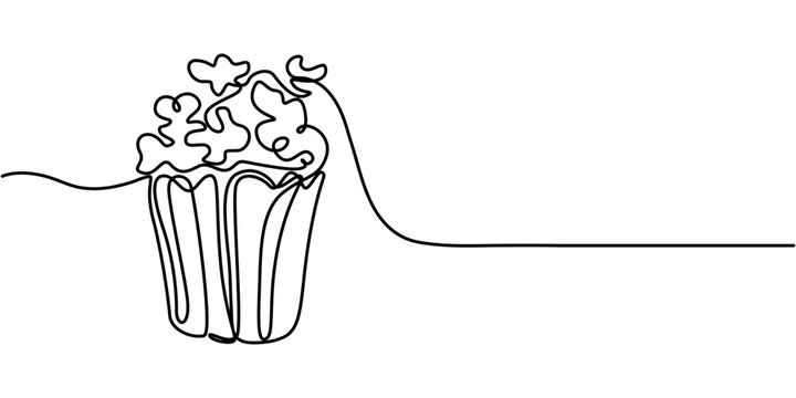recommend clip art: Continuous one line drawing of Popcorn. Popcorn Box line art drawing vector illustration, Popcorn in a striped box in one line drawing. Cinema snack and movie concept. Popcorn Box And White Background