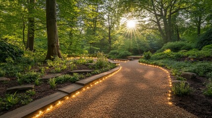 Fototapeta premium Enchanting Forest Path at Sunset with Glowing Lights