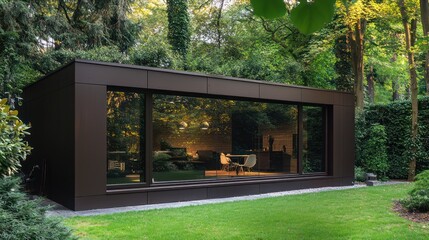 Sleek garden room with chocolate brown windows, blending with a forested backyard Minimalistic, contemporary, high-res image