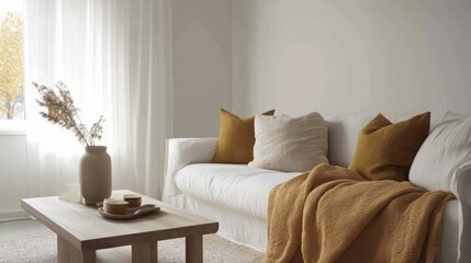 A white couch with pillows and a blanket sits in a bright living room. The couch is covered in a white linen fabric, and there are two pillows on it, one beige and one yellow