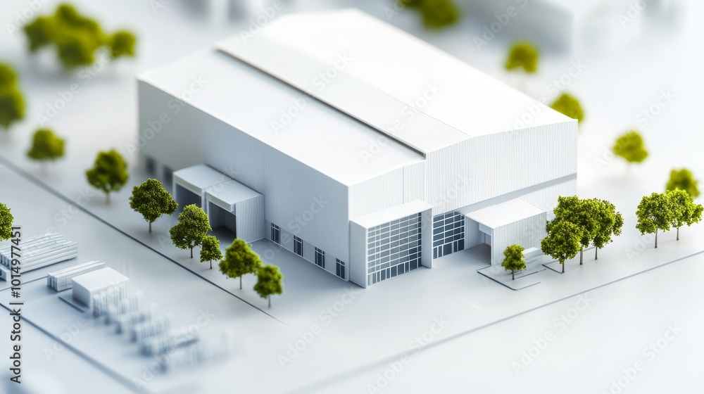 Poster a detailed architectural model of a modern building surrounded by greenery, showcasing a sleek desig