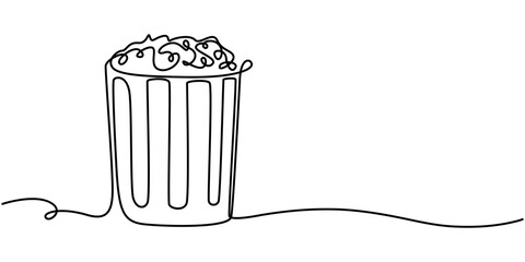 Continuous one line drawing of Popcorn. Popcorn Box line art drawing vector illustration, Popcorn in a striped box in one line drawing. Cinema snack and movie concept. Popcorn Box And White Background