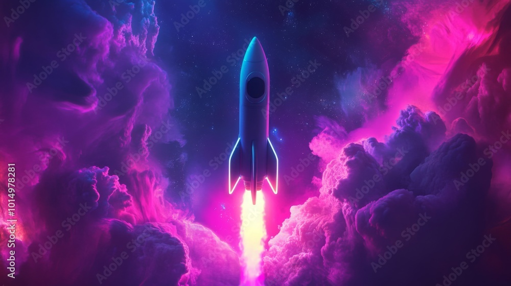Aufkleber A rocket ascends through a stunning display of colorful nebula clouds under a starry sky, illuminating the darkness with bright flames. The vibrant hues create a mesmerizing cosmic atmosphere.