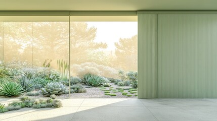 Obraz premium Sleek garden room with light sage green sliding doors, overlooking a minimalist succulent garden Contemporary, high-res image