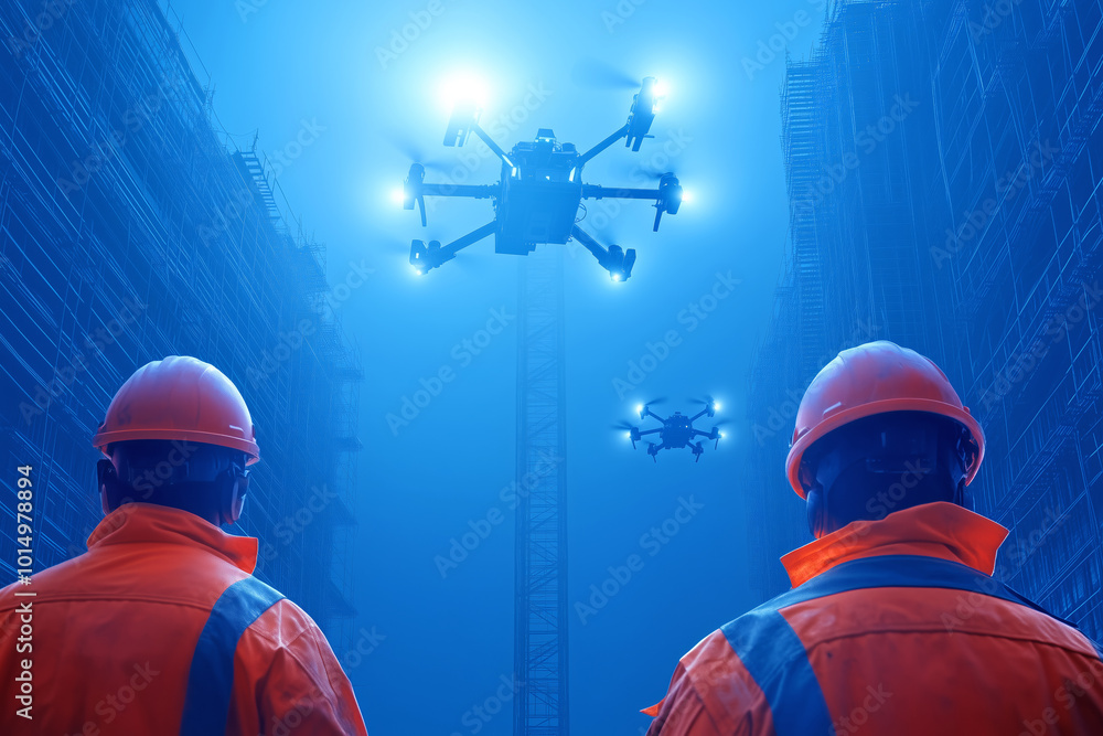 Poster workers observe drones surveying a construction site in the evening light for project monitoring