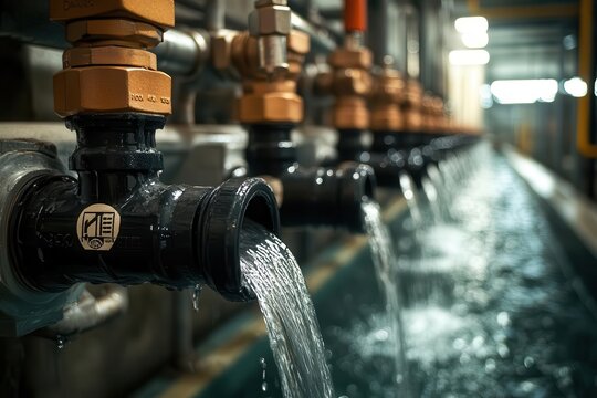 Prisoners learning plumbing in a vocational class, closeup of tools and pipes, highdefinition detail, water flow, dim industrial lighting, ultrarealistic skillbuilding scene