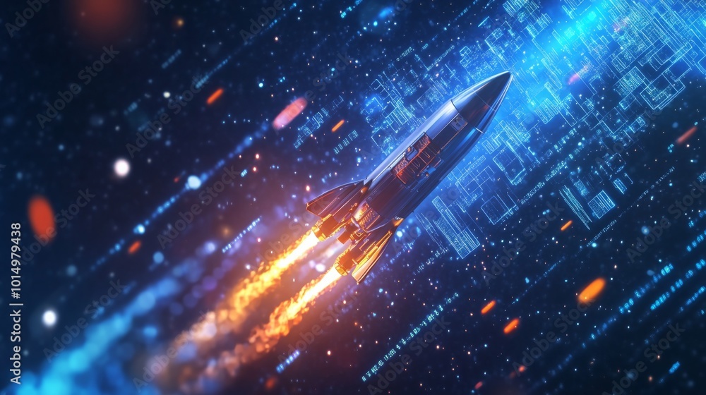 Poster a rocket propels upward through a dynamic, glowing digital space, surrounded by bright data patterns