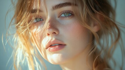 Naklejka premium Photorealistic portrait in oil, viewed from a slight side angle to capture the depth and fine detail in the expression. The background is a minimalist gallery wall with soft lighting 