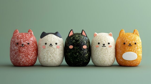 Whimsical Onigiri with Adorable Animal Faces   3D Rendered Quirky Japanese Food