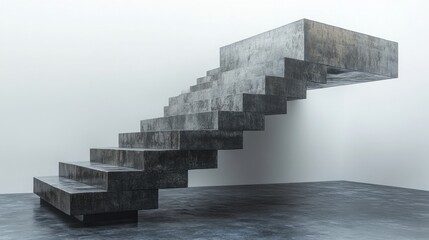 Surrealist artwork of a floating staircase, captured from a front-facing angle to show its illusion of infinity against a blank background 