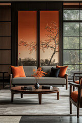 Fototapeta premium Living room interior with an Asian aesthetic, Asian ambiance, modern living room interior, a well-organized interior.