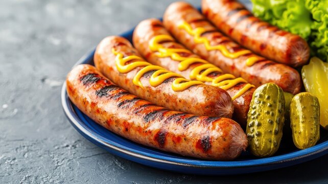 A vibrant platter of grilled sausages with mustard and pickles on the side, grilled sausages, pub food