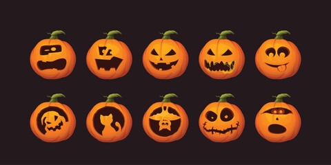 big halloween set isolated cute various pumpkins