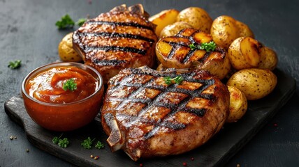 Grilled pork chops served with apple sauce and roasted potatoes, grilled pork chops, barbecue classic