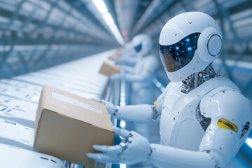 Robots sorting packages in a high-tech warehouse during the day with advanced conveyor systems