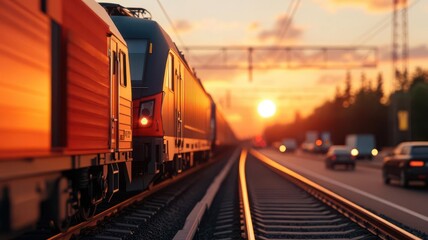 Obraz premium Highway runs parallel to a railway track, with a train passing by as the sun sets, captured in 8K resolution The scene is rendered with ultrarealistic detail and perfect focus