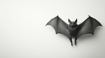 A black bat with its wings spread wide against a white background.