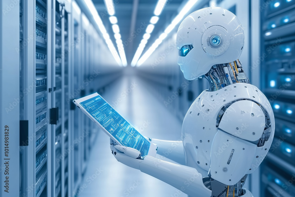 Poster a robotic figure inspecting data on a tablet in a high-tech server room during daytime operations