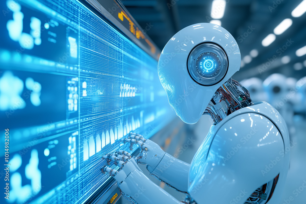Poster a futuristic humanoid robot interacts with a digital display in a high-tech environment