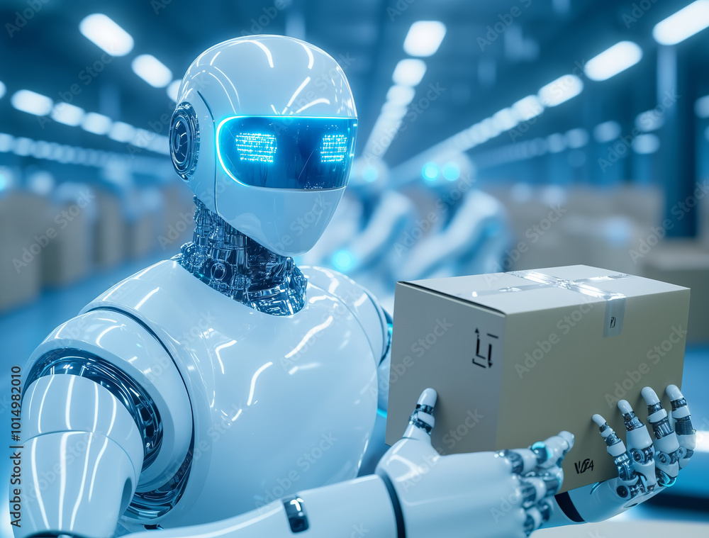 Aufkleber a futuristic robot performs package handling in a modern warehouse setting