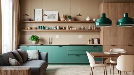 Sleek space with aquamarine kitchen cabinets, wooden art shelves, tan walls, emerald pendant lights, charcoal sofa, and ivory dining chairs