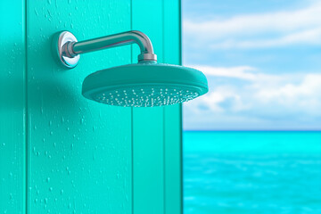 Outdoor shower with turquoise fixtures overlooking a tranquil ocean view on a bright day