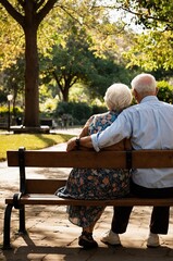 Romantic grandpa and grandma couple sitting on a park bench. Celebrating the day of aging. Mature couple sitting on bench in park