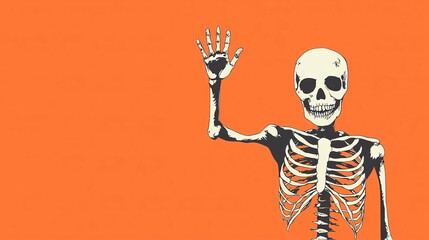 Skeleton waving hello on an orange background.