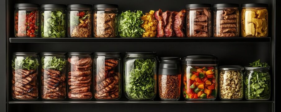 Refrigerator shelf filled with assorted leftovers, from grilled meats to salads, vibrant colors, condensation visible on glass containers, ultrarealistic detail, soft cold light
