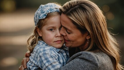 Obraz premium A mother holding her child with great affection. Smiling mother embracing young daughter