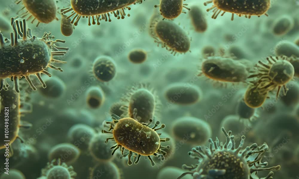 Poster a microscopic view of a virus highlighting its intricate structure and potential for infection.