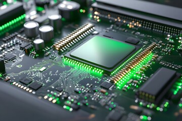 Obraz premium A close-up of the green light on a graphics card's interior, showing detailed circuitry and components