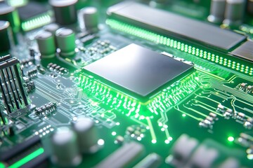 A close-up of the green light on a graphics card's interior, showing detailed circuitry and components
