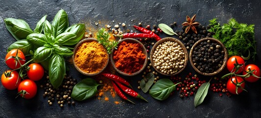 Aromatic Spices and Herbs Arrangement on Black Background