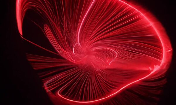Red glow light rays with time warp on rotate and zoom in effect background. Perspective view of red laser light burst motion. Long exposure time warp speed Lights lines red background zoom in. 4K