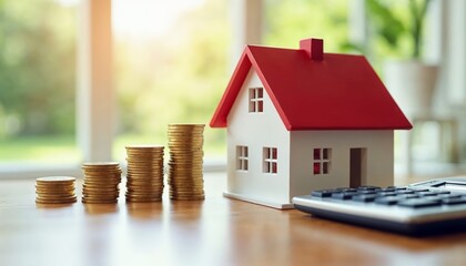 Red Toy House Model with Coins and Calculator for Home Investment and Mortgage Concepts