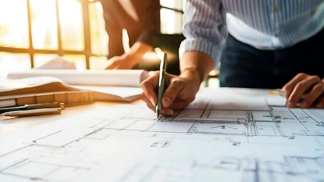 Closeup on architect&rsquo;s hands creating floor plan. Construction planning: Focused work on architectural drawing. Building conceptualization.