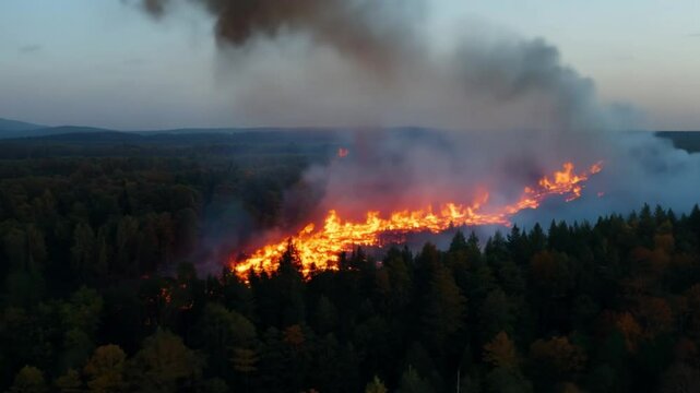 Aerial frone like view of a forest on fire.