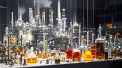 A display of various petroleum products, from gasoline and diesel to plastics and lubricants, with factories and refineries in the background